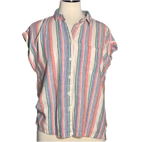 Ovis Women's Linen Blend Button Up Shirt SM Short Sleeve Blouse Rainbow Stripe - Picture 1 of 5